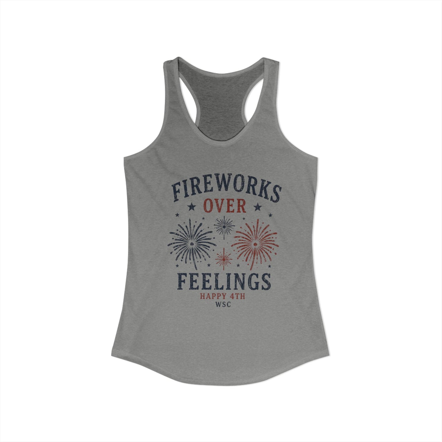 Fireworks over Feelings Happy 4th- Racerback Tank