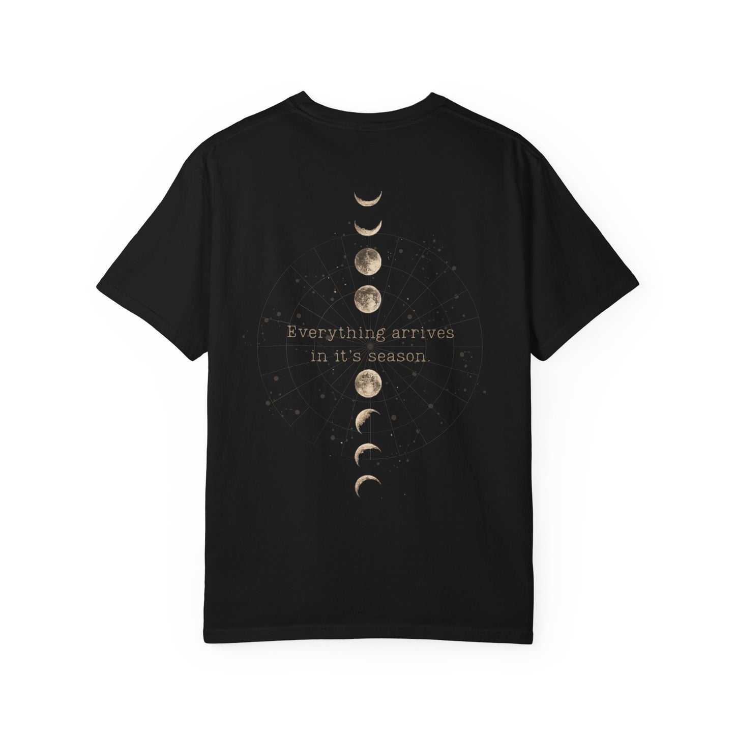 Still Becoming Moon Phase T-Shirt — "Everything Arrives in Its Season" Graphic Tee