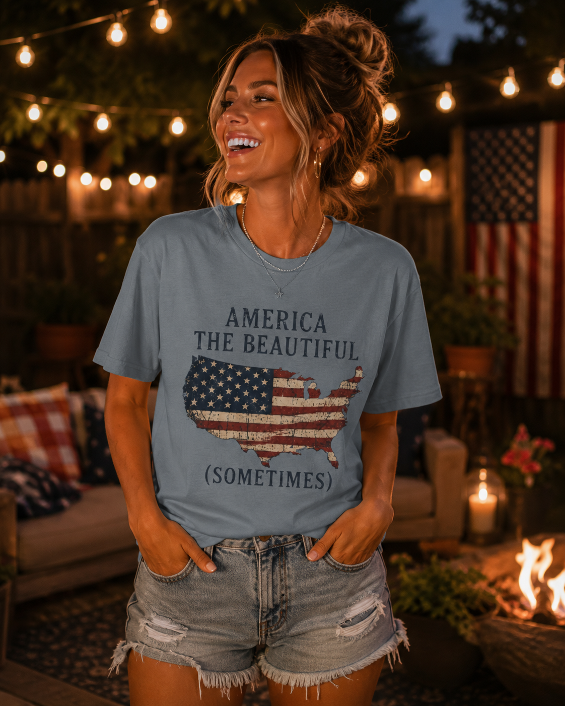T-Shirt — "America the Beautiful (Sometimes)" Patriotic USA Flag Map Tee