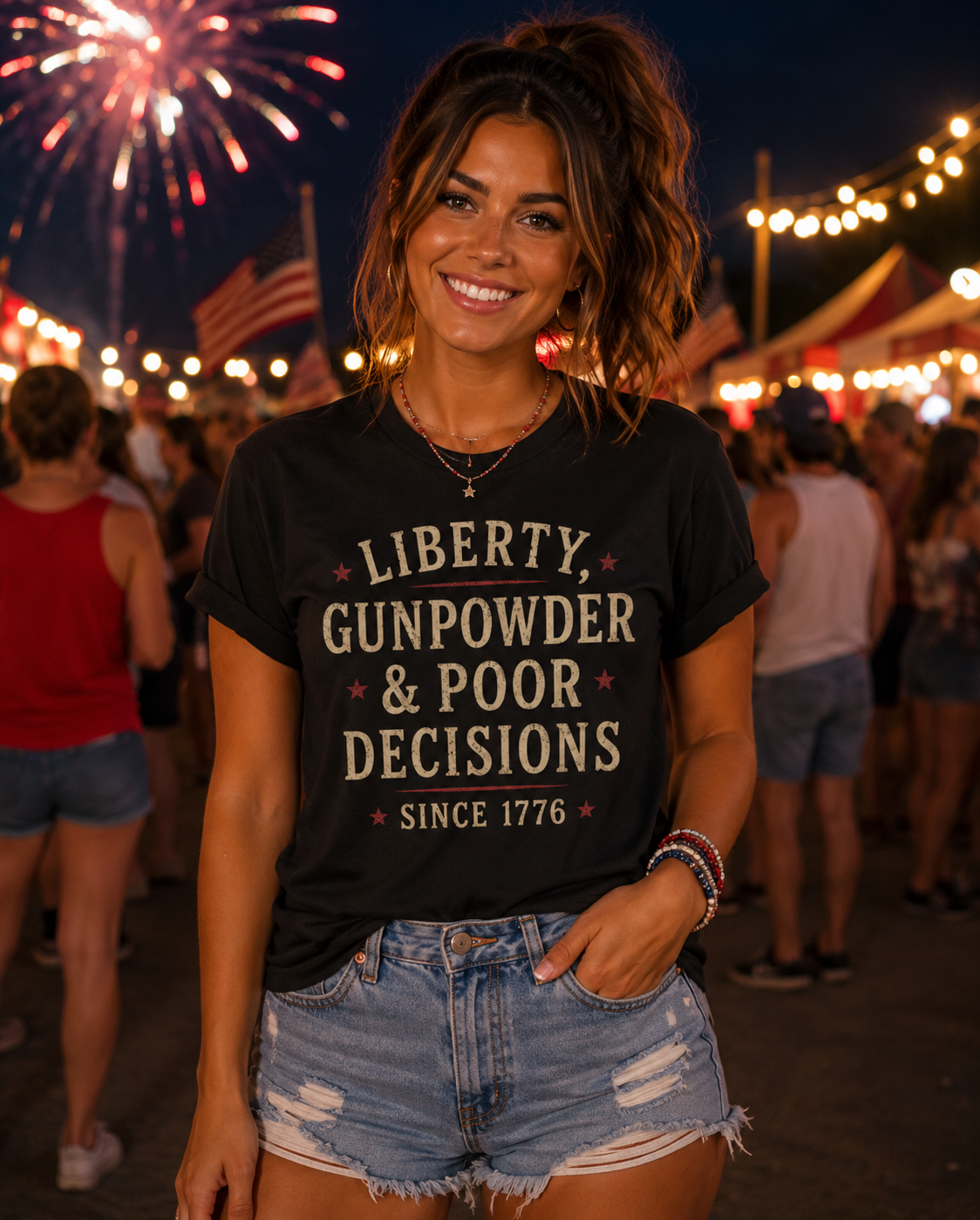 Liberty, Gunpowder & Poor Decisions T-Shirt — Patriotic Funny 1776 Tee