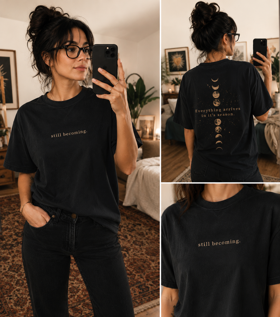 Still Becoming Moon Phase T-Shirt — "Everything Arrives in Its Season" Graphic Tee