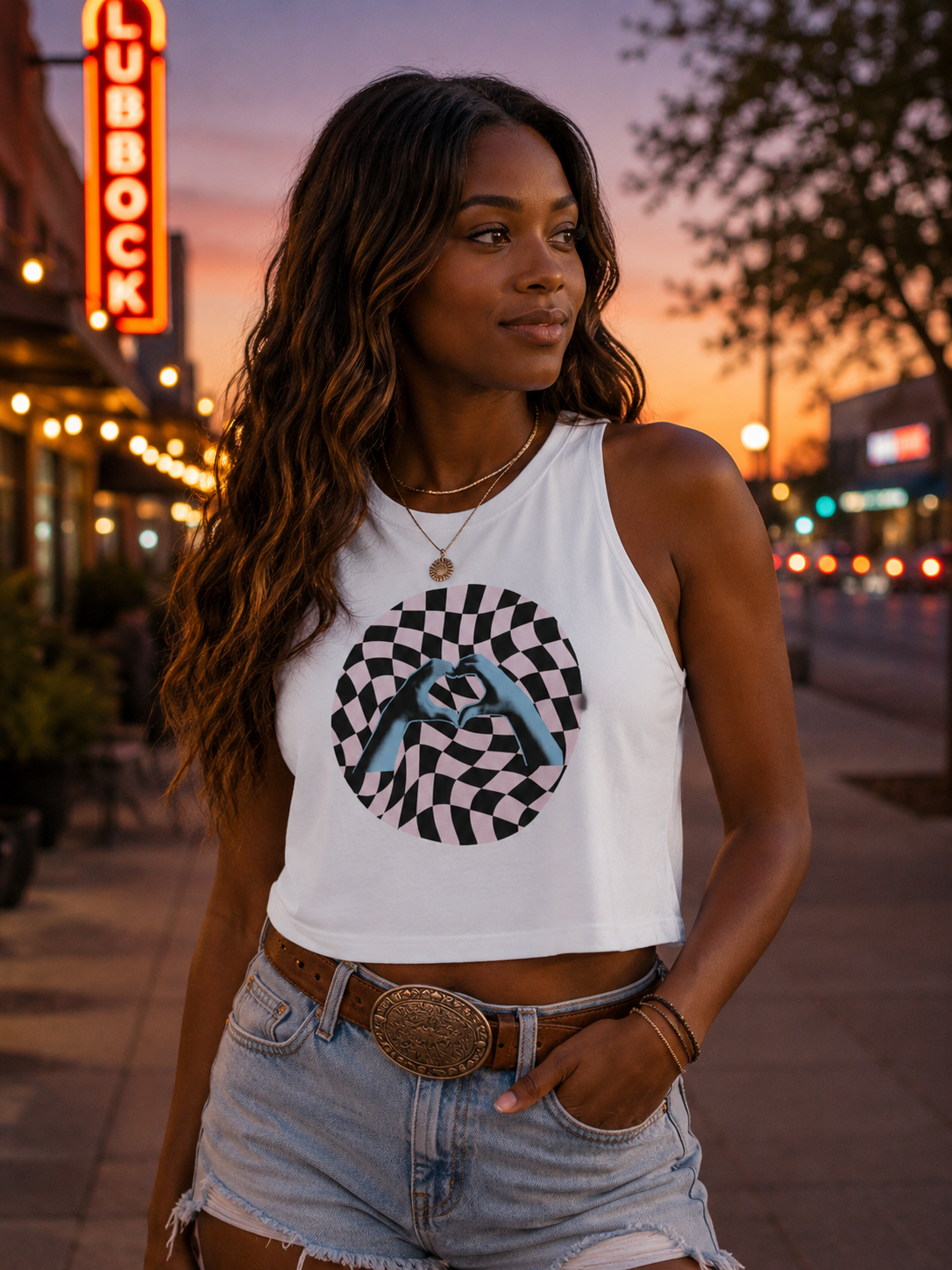 Heart Hands Retro Checkerboard- Crop Top